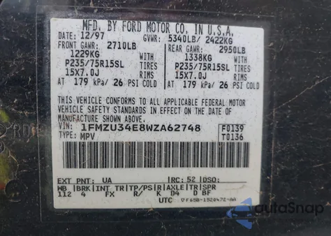 1998 Ford Explorer Eddie Bauer/Limited/Xl/Xlt from USA, damaged, VIN 1FMZU34E8WZA62748